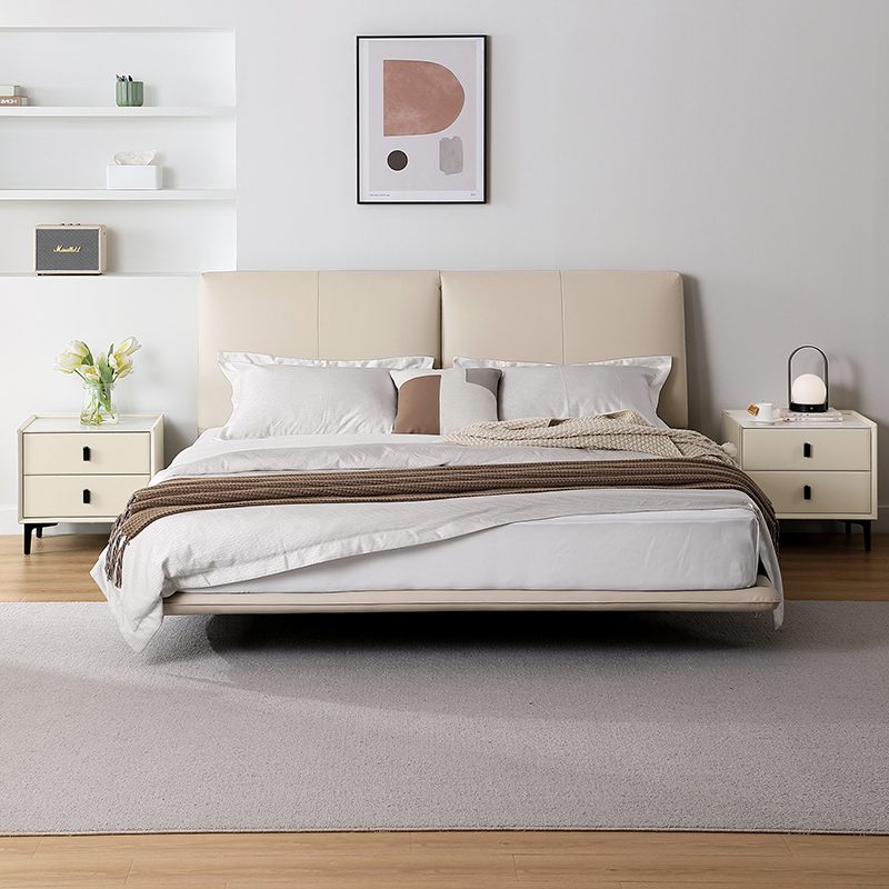 Leandrew Taupe Upholstered Bed Frame + Pedestals