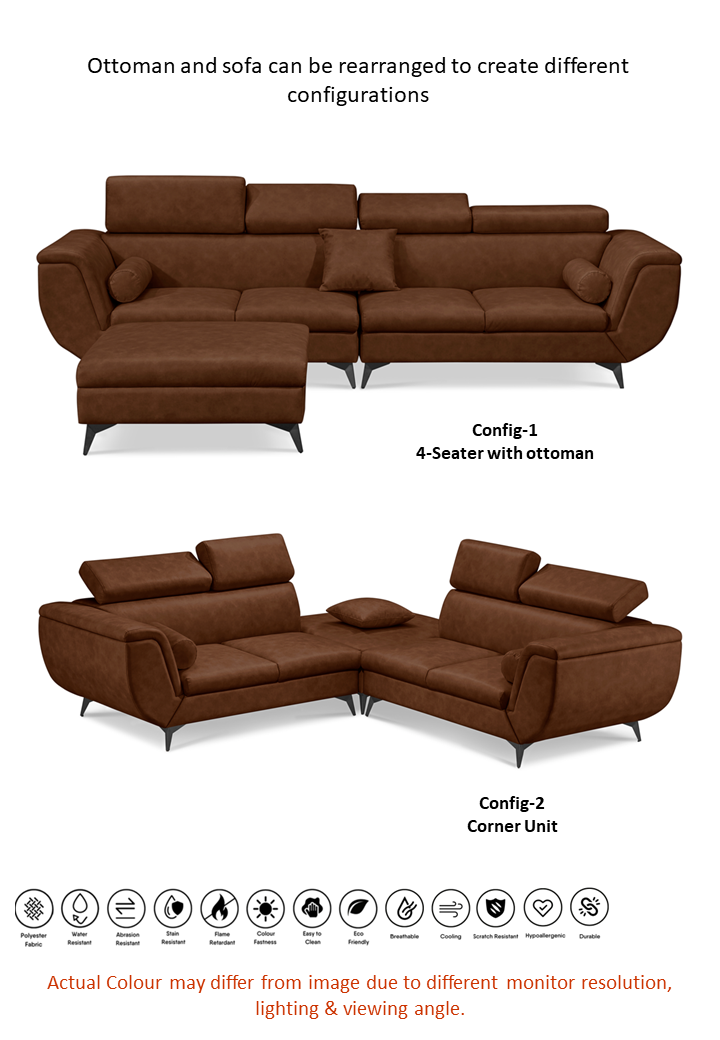 Alcina 4-Seater Leatheraire Fabric Sofa with Ottoman