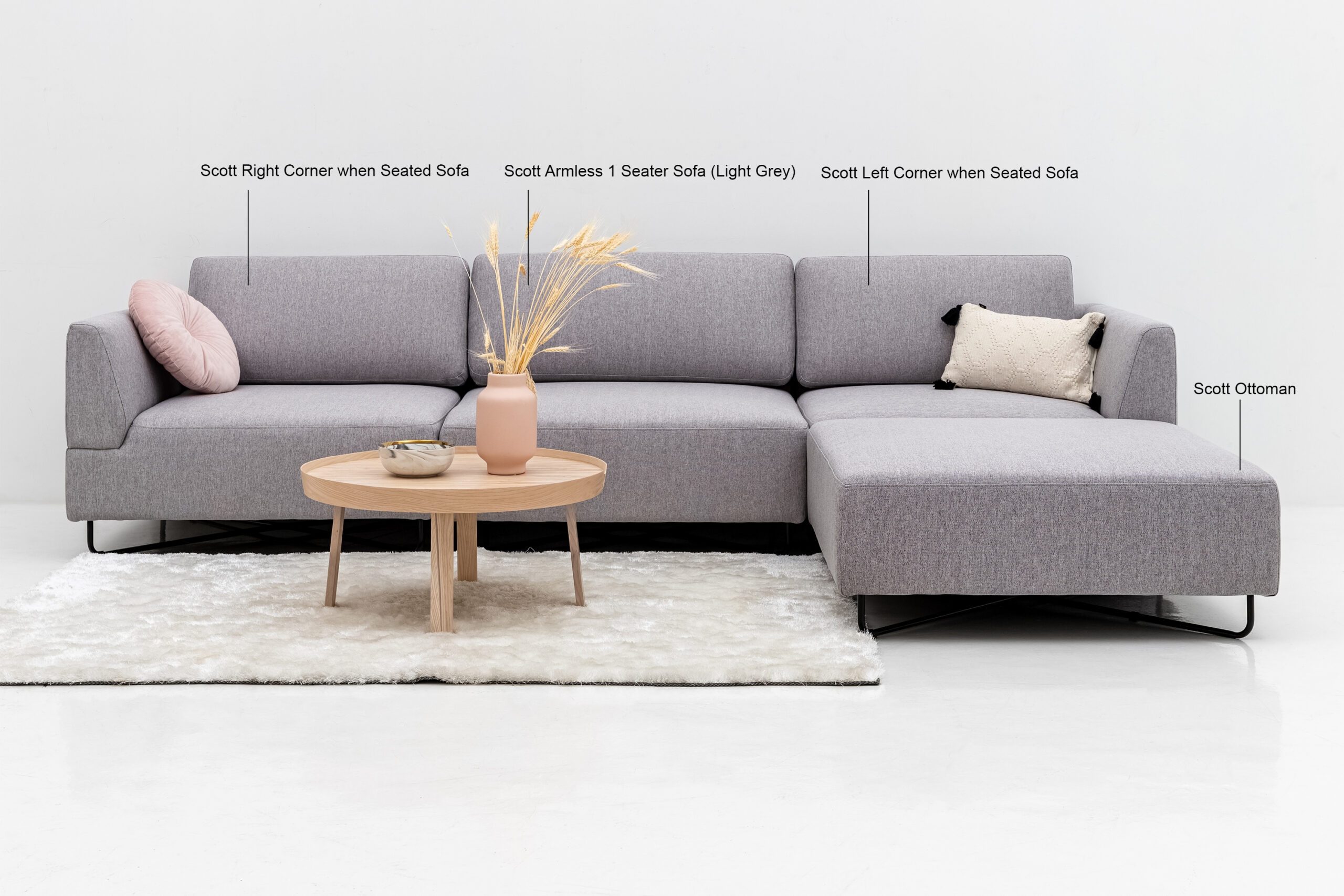 Scott 3-Seater Modular Sofa with Ottoman – Light Grey