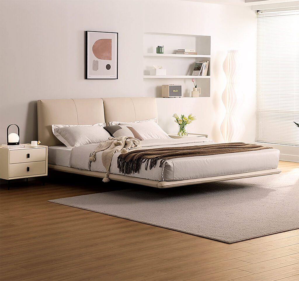Leandrew Taupe Upholstered Bed Frame + Pedestals